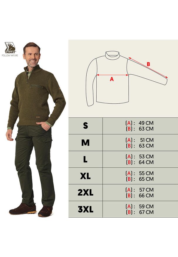 TAGART - Sweter męski myśliwski Tagart Niko izolacja przed chłodem. Kolor: zielony. Materiał: polar. Sport: outdoor