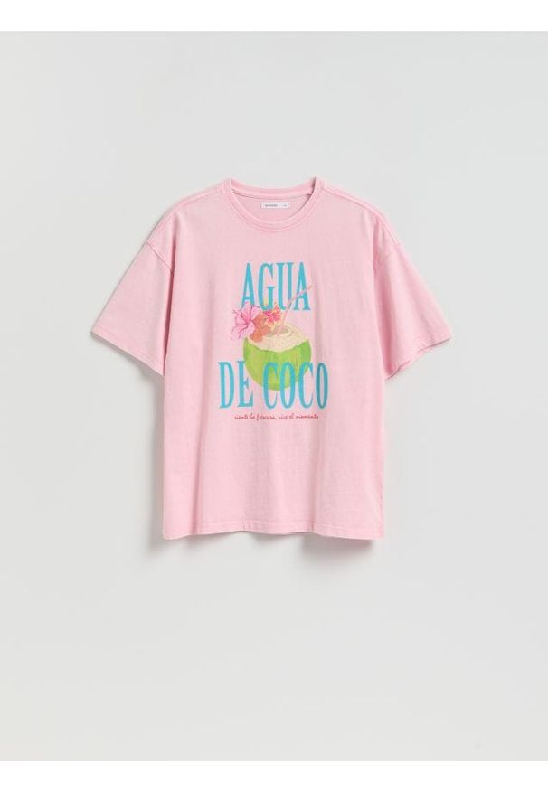 Reserved - T-shirt z nadrukiem - różowy. Kolor: różowy. Materiał: dzianina, bawełna. Wzór: nadruk