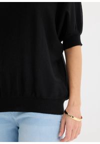 bonprix - Sweter z cienkiej dzianiny z mieszanki bawełny. Kolor: czarny. Materiał: bawełna, dzianina. Długość rękawa: krótki rękaw. Długość: krótkie. Wzór: ze splotem, gładki #3