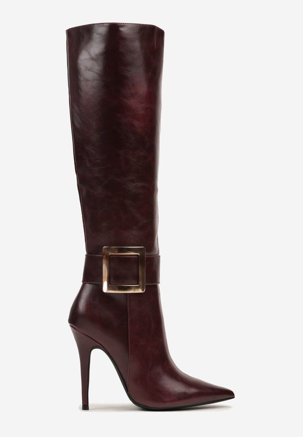 Renee - Bordowe Kozaki na Szpilce z Metaliczną Klamrą Evelinna. Okazja: na co dzień. Zapięcie: klamry. Kolor: czerwony. Obcas: na szpilce. Styl: wizytowy, casual, klasyczny, elegancki. Wysokość obcasa: średni