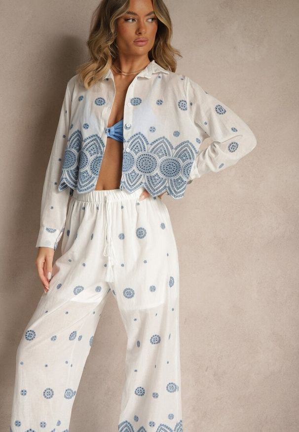 Renee - Biały Komplet z Bawełny Zdobiony Haftem Koszula i Spodnie Savirice. Kolor: biały. Materiał: bawełna. Wzór: aplikacja, haft