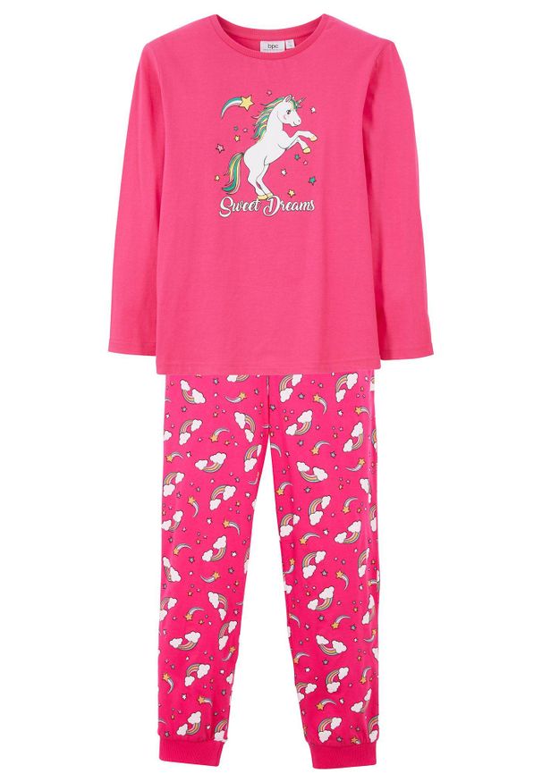 bonprix - Piżama z czystej bawełny organicznej (2 części). Kolor: różowy. Materiał: bawełna. Długość: długie. Wzór: nadruk
