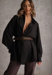 Renee - Czarna Bawełniano-Wiskozowa Koszula o Długim Kroju Oversize z Paskiem Tethys. Okazja: na co dzień. Typ kołnierza: kołnierzyk klasyczny. Kolor: czarny. Materiał: wiskoza, bawełna. Długość: długie. Styl: casual, klasyczny #8