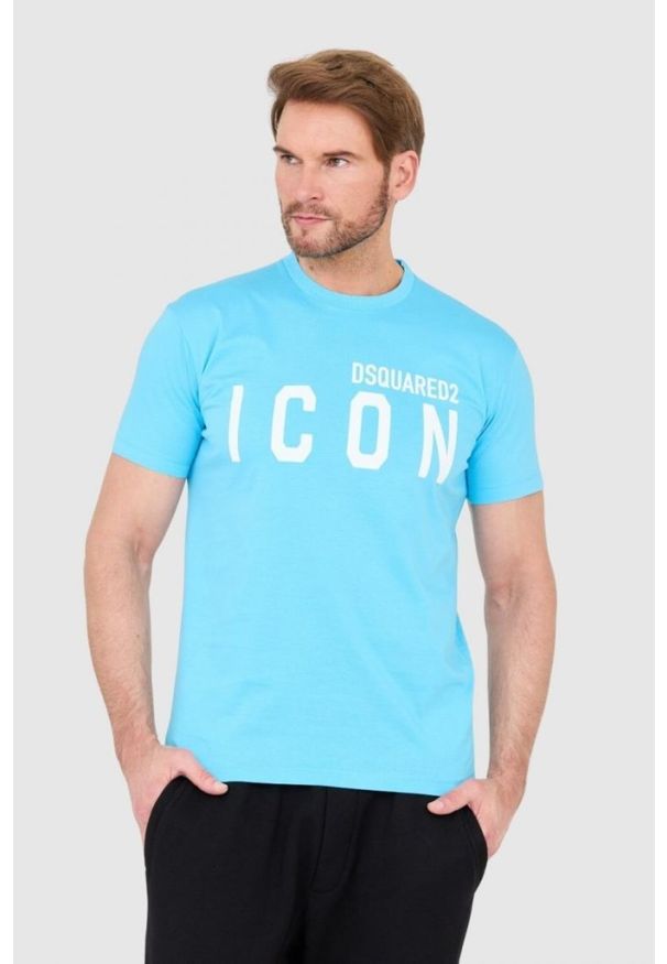 DSQUARED2 Niebieski t-shirt męski z dużym logo icon, Rozmiar S. Kolor: niebieski