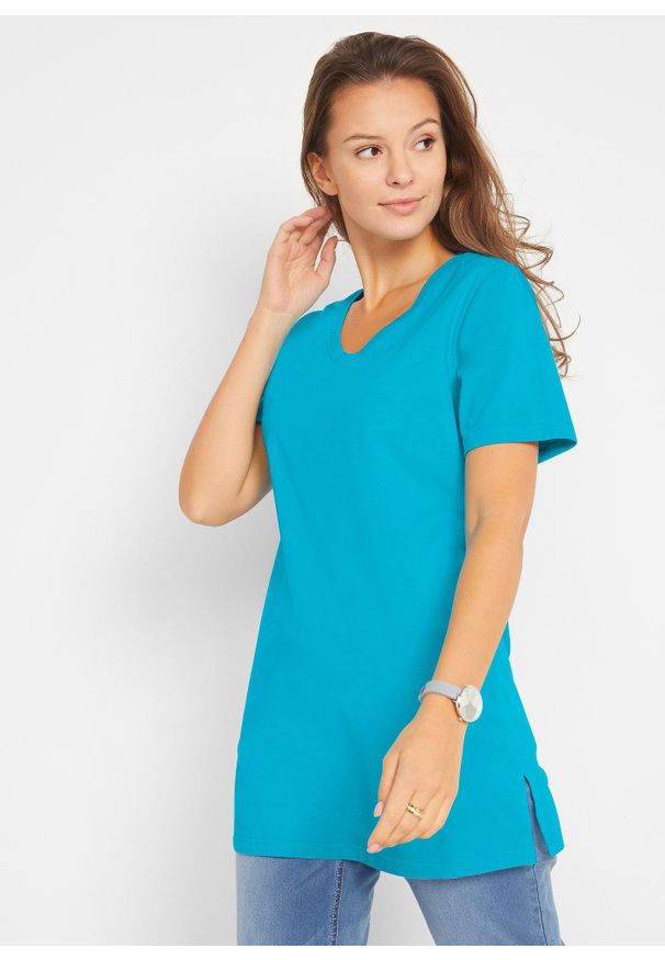 bonprix - Długa bluzka z dekoltem w serek (2 szt.). Typ kołnierza: dekolt w serek. Kolor: niebieski. Długość: długie