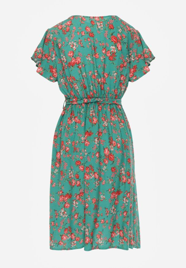 Born2be - Zielona Sukienka Midi z Wiskozy z Gumką w Talii i Krótkim Rękawem Jodys. Kolor: zielony. Materiał: wiskoza. Długość rękawa: krótki rękaw. Długość: midi