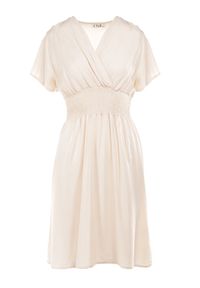 Born2be - Beżowa Sukienka z Wiskozy Saede. Okazja: na co dzień. Kolor: beżowy. Materiał: wiskoza. Wzór: gładki. Sezon: lato. Typ sukienki: kopertowe. Styl: casual. Długość: mini #2