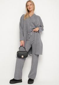 Born2be - Szary Dzianinowy Komplet z Wełną Kamizelka Długi Kardigan i Spodnie Otizela. Kolekcja: plus size. Kolor: szary. Materiał: dzianina, wełna #6