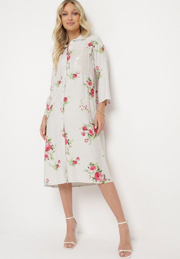 Born2be - Jasnoszara Pudełkowa Sukienka z Bawełny z Regulowanym Rękawem Avamla. Okazja: na spacer. Kolor: szary. Materiał: bawełna. Styl: elegancki