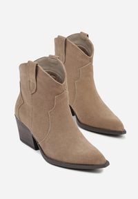 Renee - Ciemnobeżowe Botki Kowbojki na Stożku ze Skóry Naturalnej Liravetta. Okazja: na co dzień. Kolor: beżowy. Materiał: skóra. Obcas: na stożku. Styl: casual, elegancki. Wysokość obcasa: średni #4