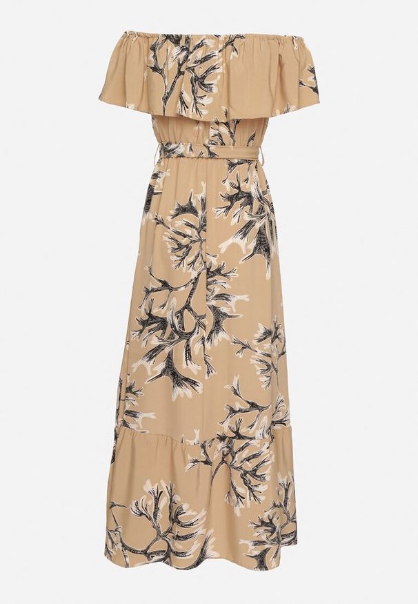 Born2be - Ciemnobeżowa Sukienka Hiszpanka o Rozkloszowanym Kroju z Wiązanym Paskiem Sesiniela. Okazja: na co dzień. Typ kołnierza: dekolt hiszpanka. Kolor: beżowy. Typ sukienki: rozkloszowane. Styl: casual, elegancki