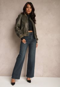 Renee - Granatowe Jeansy o Szerokim Kroju z Bawełną High Waist Vitira. Okazja: na co dzień. Stan: podwyższony. Kolor: niebieski. Styl: casual, elegancki