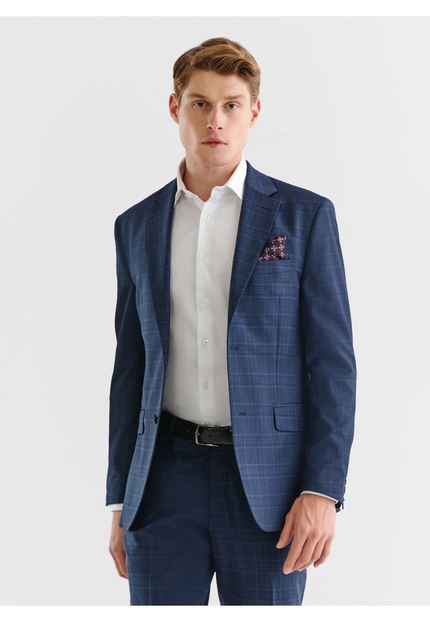 Pako Lorente - PAKO LORENTE – Granatowa marynarka garniturowa w delikatną niebieską kratkę. Okazja: na wesele, na ślub cywilny. Kolor: niebieski. Materiał: wełna. Wzór: kratka. Styl: elegancki