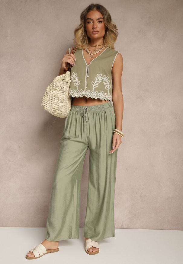 Renee - Jasnozielone Spodnie z Wiskozy High Waist o Szerokim Kroju Divlise. Okazja: na co dzień. Stan: podwyższony. Kolor: zielony. Materiał: wiskoza. Styl: elegancki, casual