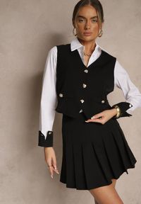 Renee - Czarny 3-Częściowy Komplet z Wiskozą w Eleganckim Stylu Koszula Kamizelka i Spódnico-Szorty z Plisami Zemika. Kolor: czarny. Materiał: wiskoza #3