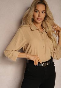 Renee - Beżowa Klasyczna Koszula Ozdobiona Kieszenią Zapinana na Guziki z Rękawem 3/4 Nestade. Kolor: beżowy. Wzór: aplikacja. Styl: klasyczny #3