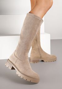 Renee - Ciemnobeżowe Kozaki z Imitacji Zamszu w Stylu Basic Fesamea. Okazja: na co dzień. Kolor: beżowy. Materiał: zamsz. Styl: casual