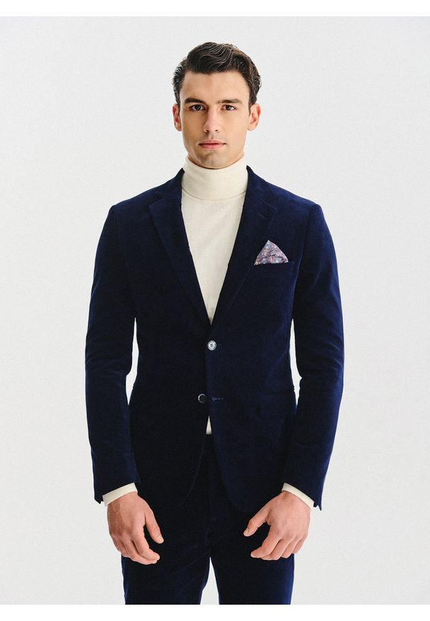 Pako Lorente - PAKO LORENTE - Granatowa sztruksowa marynarka męska. Okazja: na co dzień. Kolor: niebieski, brązowy. Materiał: sztruks. Styl: casual