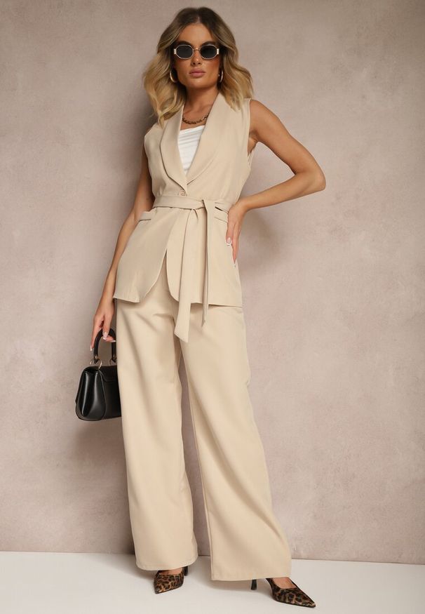 Renee - Beżowa Kamizelka Garniturowa z Paskiem Viviselle. Kolor: beżowy. Materiał: materiał. Styl: klasyczny, elegancki