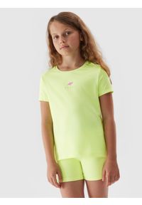 4f - Koszulka sportowa szybkoschnąca dziewczęca. Kolor: zielony. Materiał: włókno, skóra. Wzór: nadruk. Styl: sportowy