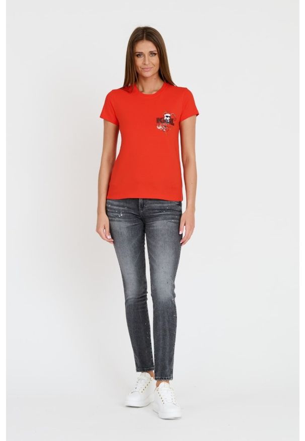 Karl Lagerfeld - KARL LAGERFELD Czerwony t-shirt ikonik lny. Kolor: czerwony. Materiał: len
