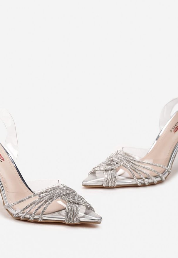 Born2be - Srebrne Sandały na Szpilce z Transparentnym Noskiem z Cyrkoniami Jolietta. Okazja: na imprezę. Zapięcie: pasek. Kolor: srebrny. Wzór: paski. Obcas: na szpilce