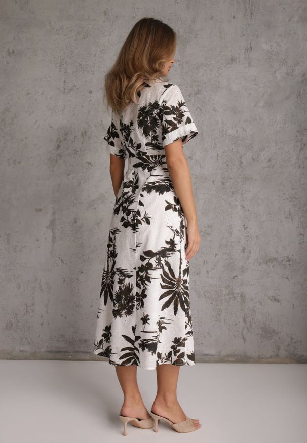 Renee - Brązowa Bawełniana Sukienka w Roślinny Print o Koszulowym Kroju z Wiązaniem Beithes. Okazja: na randkę. Kolor: brązowy. Materiał: bawełna. Wzór: nadruk. Typ sukienki: koszulowe. Styl: wakacyjny