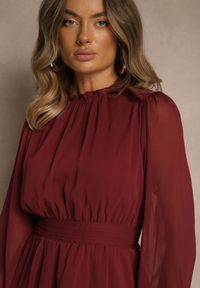 Renee - Bordowa Sukienka z Siateczki o Rozkloszowanym Kroju z Bufiastymi Rękawami Aziva. Okazja: na co dzień. Kolor: czerwony. Materiał: skóra. Typ sukienki: rozkloszowane, proste. Styl: casual