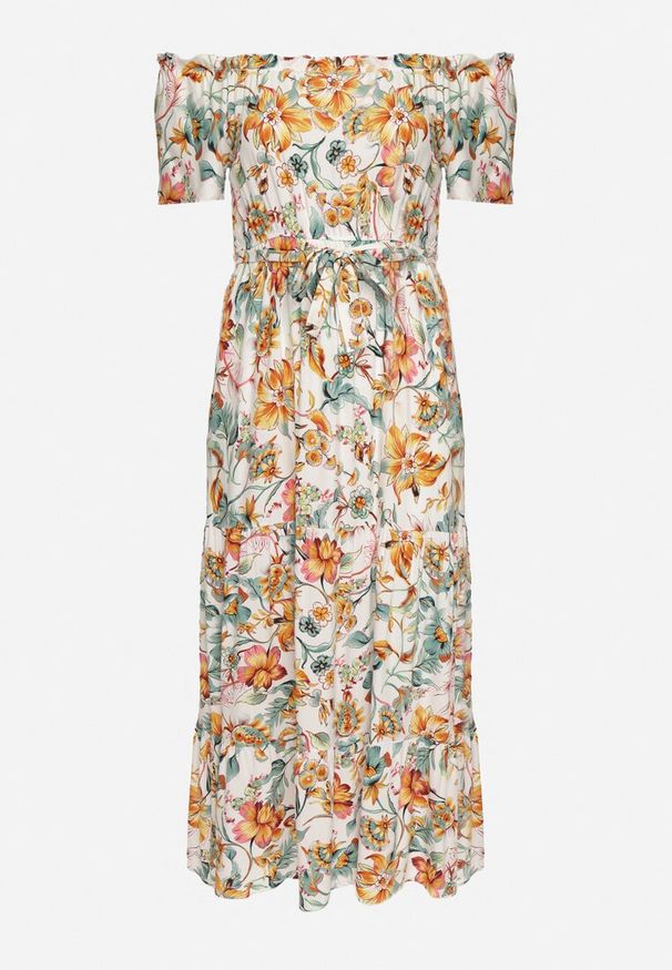 Born2be - Biało-Pomarańczowa Sukienka z Hiszpańskim Dekoltem z Wiązanym Paskiem w Kwiaty z Bawełny Rissanique. Okazja: na co dzień. Kolor: biały. Materiał: bawełna. Wzór: kwiaty. Sezon: lato. Typ sukienki: rozkloszowane. Styl: casual, elegancki