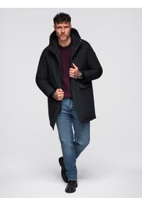 Ombre Clothing - Klasyczna długa męska kurtka typu parka – czarna V6 - Rozmiar: M. Typ kołnierza: kaptur. Kolor: czarny. Materiał: syntetyk, materiał. Długość: długie. Wzór: aplikacja. Styl: klasyczny