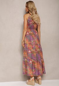 Renee - Pomarańczowo-Różowa Sukienka w Stylu Boho z Gumką w Talii i Ozdobnym Wiązaniem Piofara. Kolor: pomarańczowy. Materiał: tkanina. Sezon: lato. Styl: boho