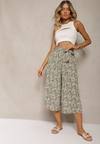 Renee - Zielone Spodnie z Szerokimi Nogawkami High Waist z Bawełną Paskiem i Gumką w Talii Drosofia. Okazja: na co dzień. Stan: podwyższony. Kolor: zielony. Materiał: bawełna. Styl: elegancki, casual #5
