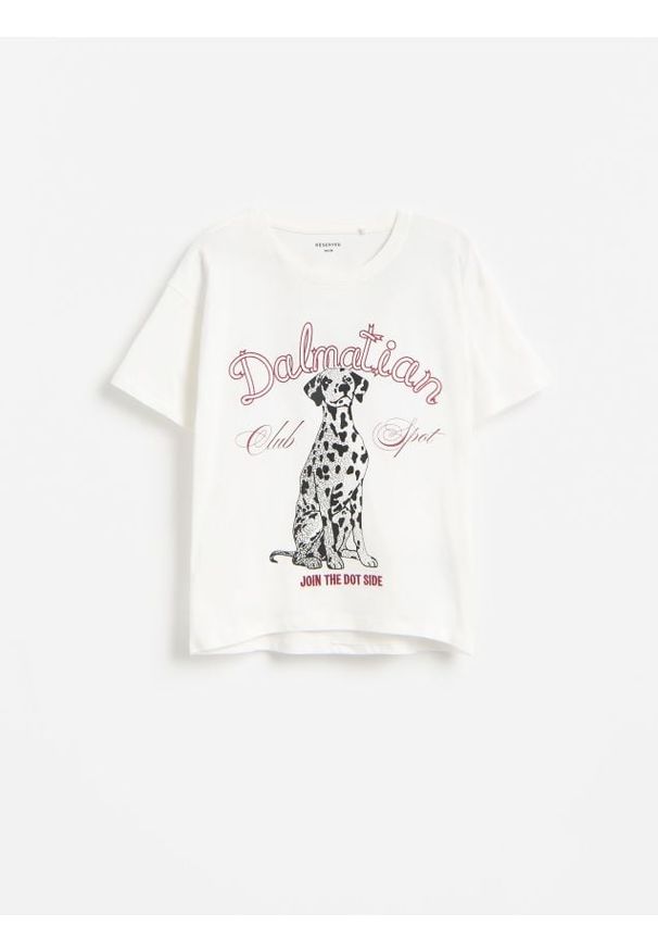 Reserved - Luźny t-shirt z nadrukiem - złamana biel. Materiał: bawełna. Wzór: nadruk