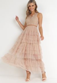 Born2be - Beżowa Sukienka Maxi z Tiulowym Dołem i Koronkową Górą Deliva. Okazja: na co dzień. Kolor: beżowy. Materiał: tiul, koronka. Wzór: aplikacja. Styl: casual, klasyczny. Długość: maxi #1