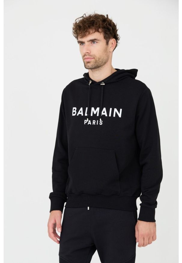 Balmain - BALMAIN Czarna męska bluza Printed Hoodie, Rozmiar S. Typ kołnierza: kaptur. Kolor: czarny