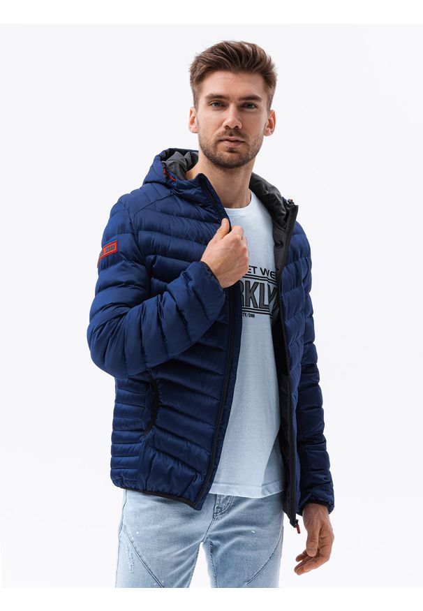 Ombre Clothing - Kurtka męska pikowana o satynowym wykończeniu C368 - niebieska - XXL. Kolor: niebieski. Materiał: satyna. Styl: elegancki
