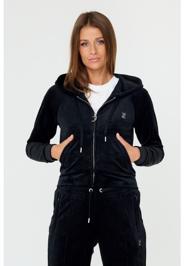 Juicy Couture - JUICY COUTURE Czarna damska bluza Madison, Rozmiar XS. Kolor: czarny. Materiał: poliester, welur, materiał. Wzór: aplikacja