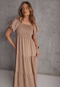 Renee - Beżowa Sukienka z Wiskozy o Rozkloszowanym Kroju z Bufiastymi Rękawkami Rosena. Kolor: beżowy. Materiał: wiskoza. Długość rękawa: krótki rękaw. Sezon: lato. Typ sukienki: rozkloszowane. Długość: maxi #6
