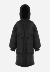 Born2be - Czarna Kurtka Oversize do Kolana z Kapturem Mollo. Okazja: na co dzień. Typ kołnierza: kaptur. Kolor: czarny. Materiał: dzianina, jeans. Styl: elegancki, casual #6