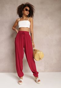 Renee - Bordowe Spodnie z Wiskozy z Gumką w Pasie Stetia. Okazja: na co dzień. Kolor: czerwony. Materiał: wiskoza. Styl: elegancki, casual