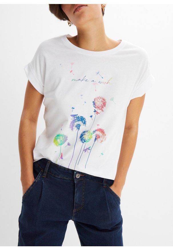 bonprix - Shirt w dmuchawce. Kolor: biały. Wzór: kolorowy, nadruk, aplikacja. Sezon: lato