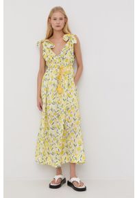 TwinSet - Twinset sukienka kolor żółty midi rozkloszowana. Kolor: żółty. Materiał: tkanina. Długość rękawa: na ramiączkach. Typ sukienki: rozkloszowane. Długość: midi