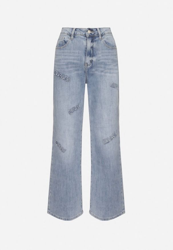 Born2be - Niebieskie Jeansy o Szerokim Kroju z Wysokim Stanem Zdobione Naszywkami Gleffia. Okazja: na co dzień. Stan: podwyższony. Kolor: niebieski. Wzór: aplikacja. Styl: elegancki, casual