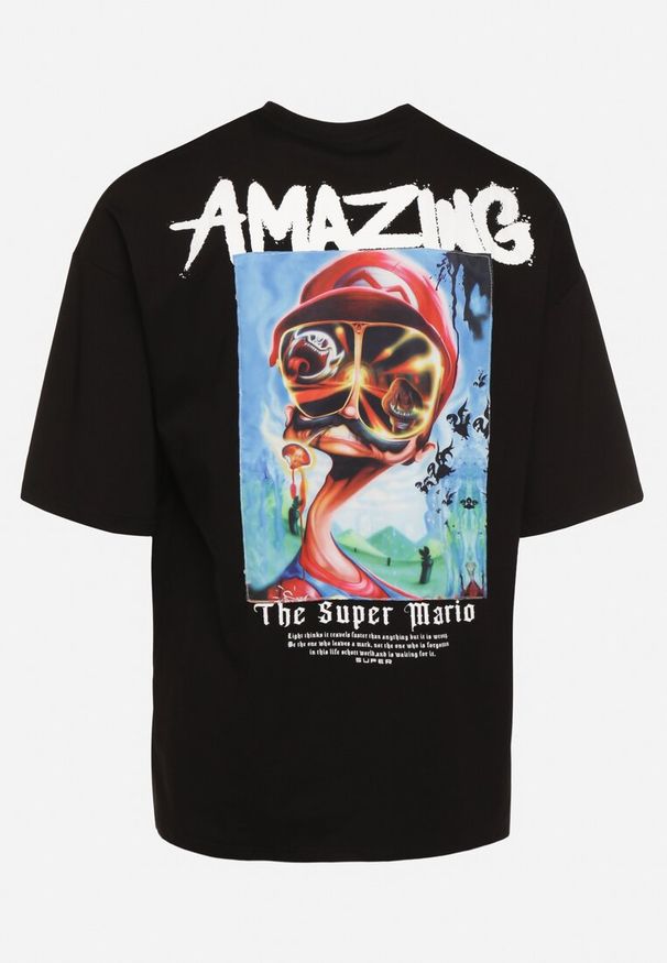 Born2be - Czarna Koszulka Bawełniana Oversize z Nadrukiem z Przodu i na Plecach Mannesha. Kolor: czarny. Materiał: bawełna. Wzór: nadruk