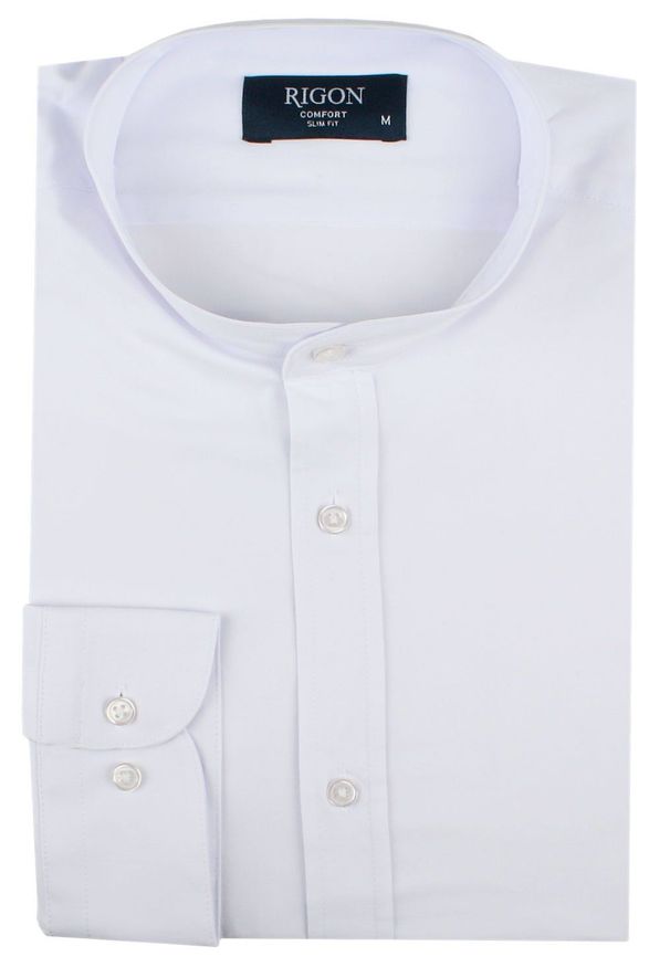 Koszula Taliowana na Stójce, Męska - Rigon - Biała. Typ kołnierza: kołnierzyk stójkowy. Kolor: biały. Materiał: poliester, lyocell, bawełna