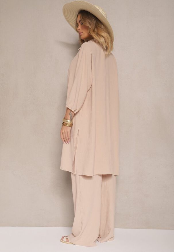 Renee - Beżowy Komplet Spodnie z Gumką w Pasie Top i Długa Koszula Arives. Kolor: beżowy. Materiał: materiał