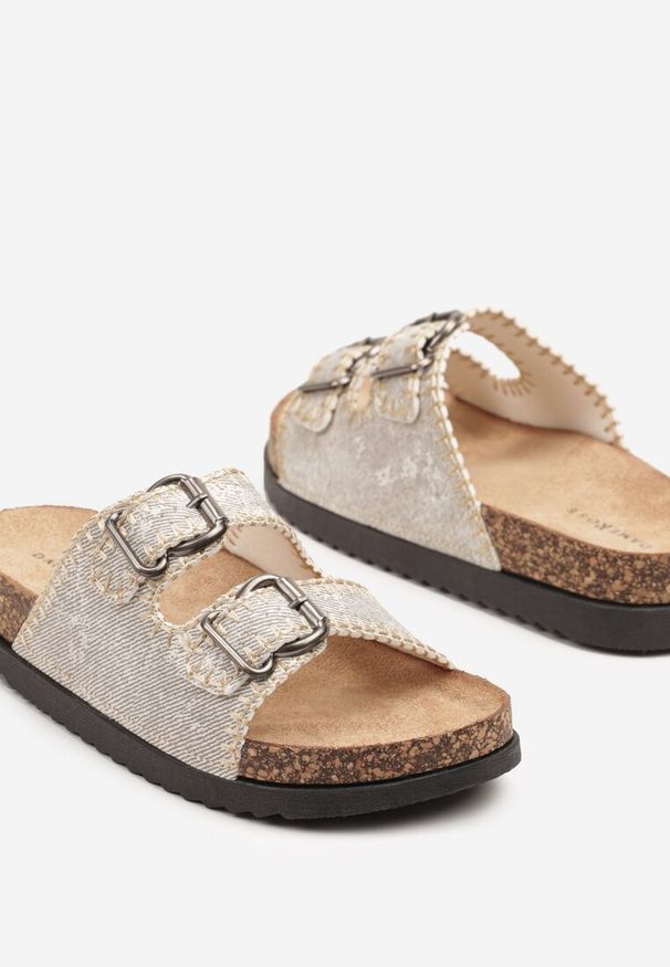 Born2be - Szare Klapki na Grubej Korkowej Podeszwie Ozdobione Przeszyciami Nuridara. Okazja: na co dzień. Kolor: szary. Materiał: jeans. Wzór: aplikacja. Styl: klasyczny, casual