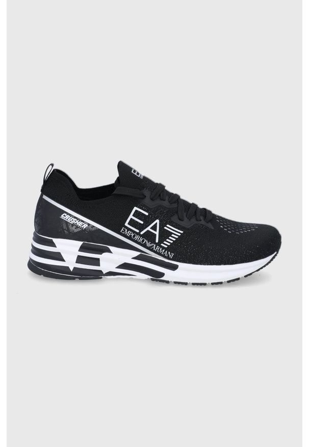 EA7 Emporio Armani Buty kolor czarny na płaskiej podeszwie. Nosek buta: okrągły. Zapięcie: sznurówki. Kolor: czarny. Materiał: guma. Obcas: na płaskiej podeszwie