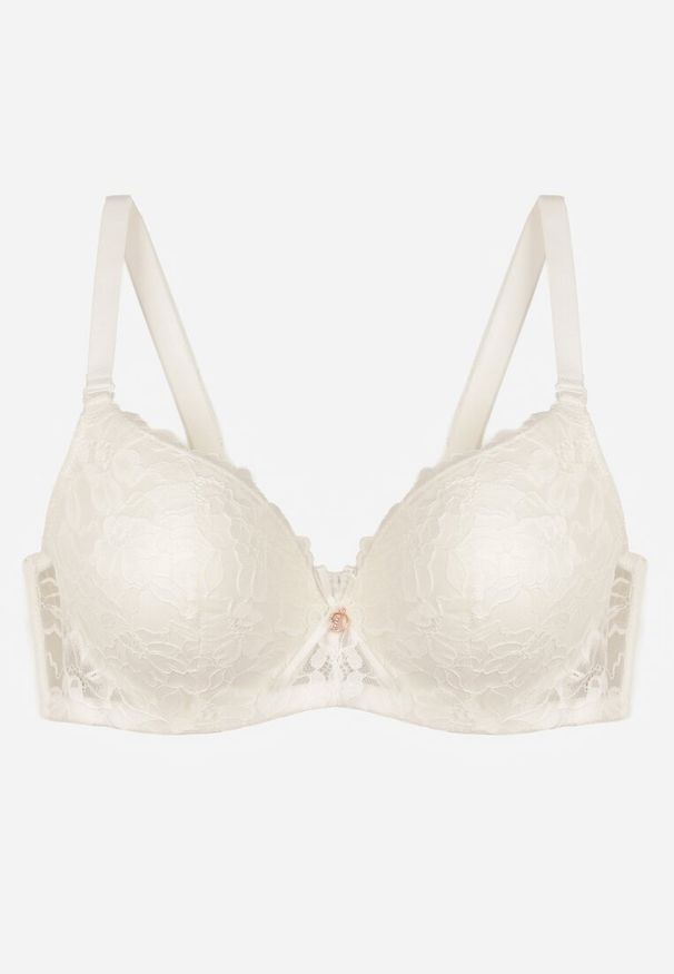 Renee - Jasnobeżowy Biustonosz Ozdobiony Koronką i Kokardką Aqiany. Kolor: beżowy. Materiał: koronka. Wzór: koronka, aplikacja