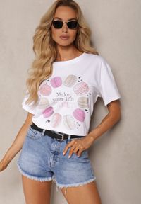 Renee - Biało-Różowy T-shirt z Bawełny z Ozdobnym Nadrukiem i Cyrkoniami Tessera. Kolor: biały. Materiał: bawełna. Wzór: nadruk. Sezon: lato